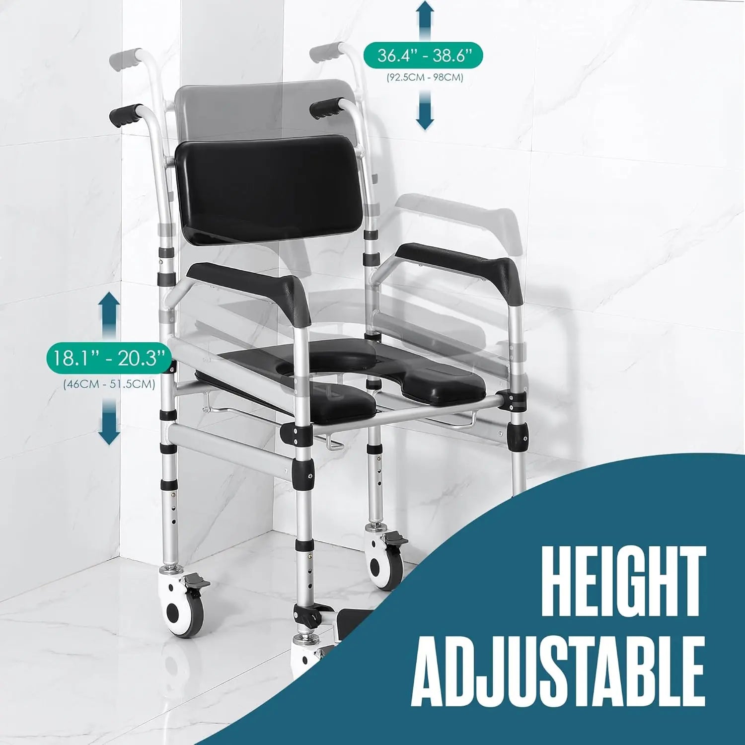 Height-adjustable shower commode wheelchair with black padded seat and armrests on casters
