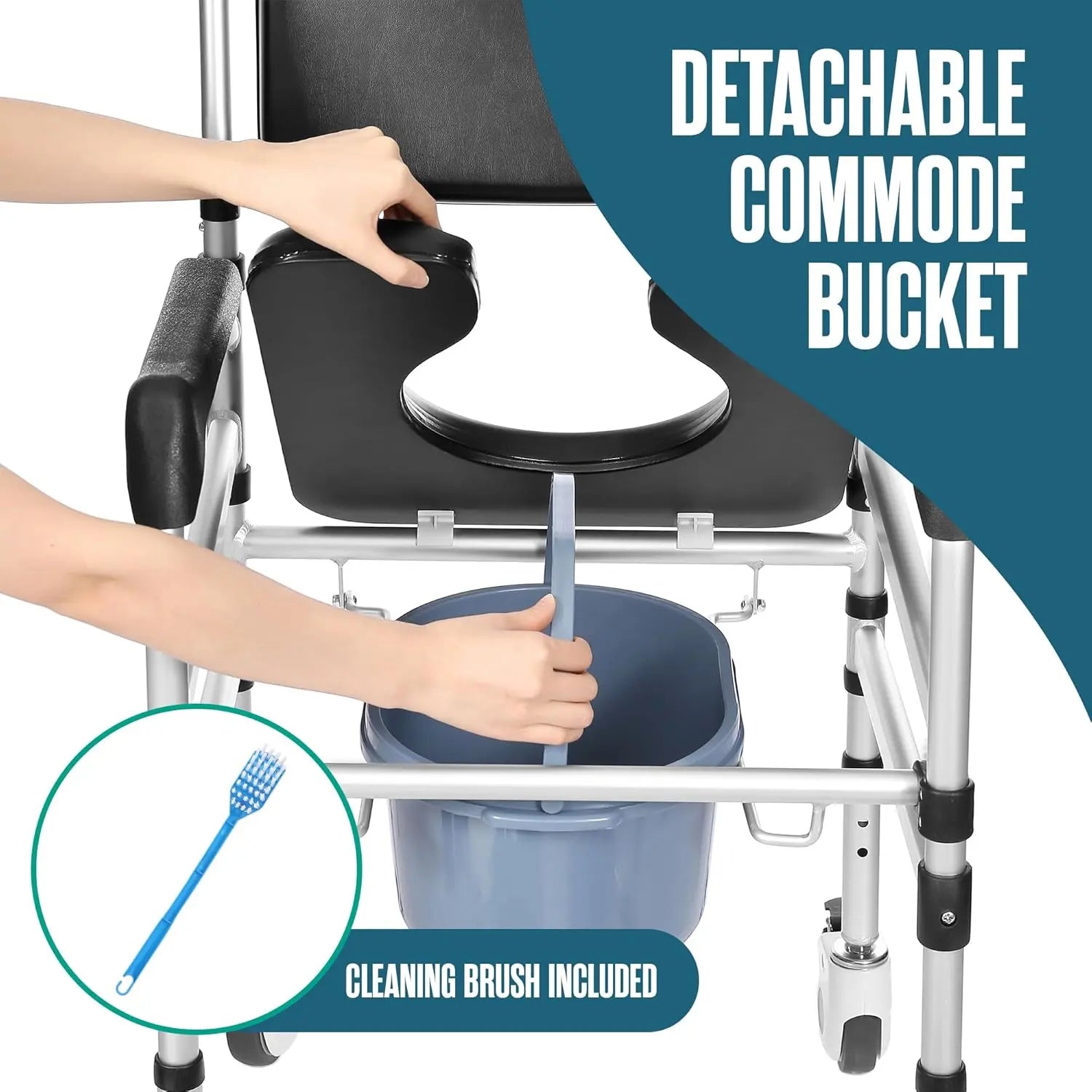 Commode wheelchair with detachable commode bucket and included cleaning brush