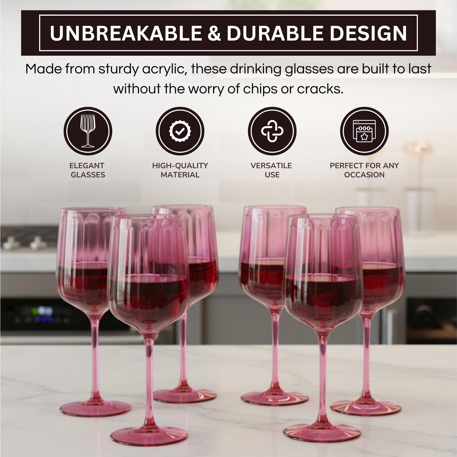 Coral-pink acrylic wine goblets, stemmed cups with fluted ribbed bowl details