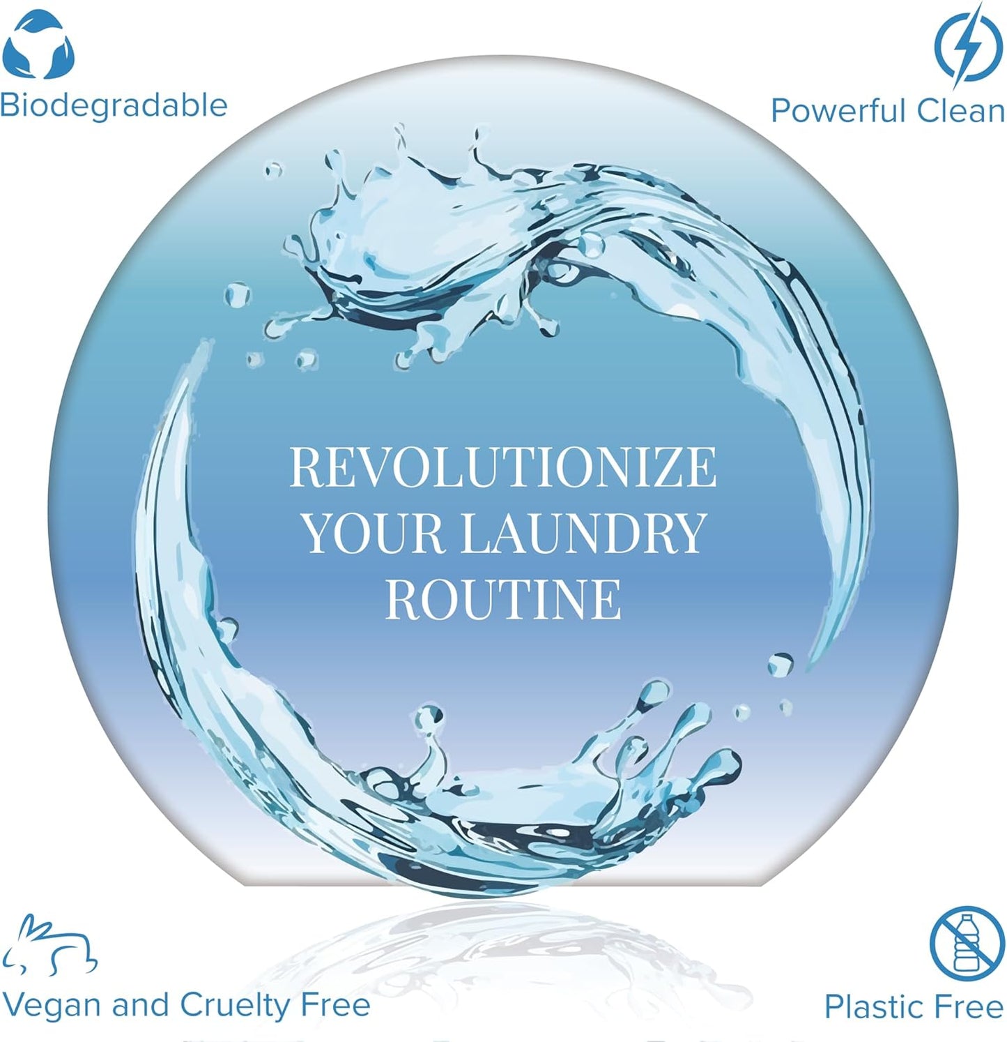 Laundry detergent sheet label graphic with blue water splash and deodorant routine text