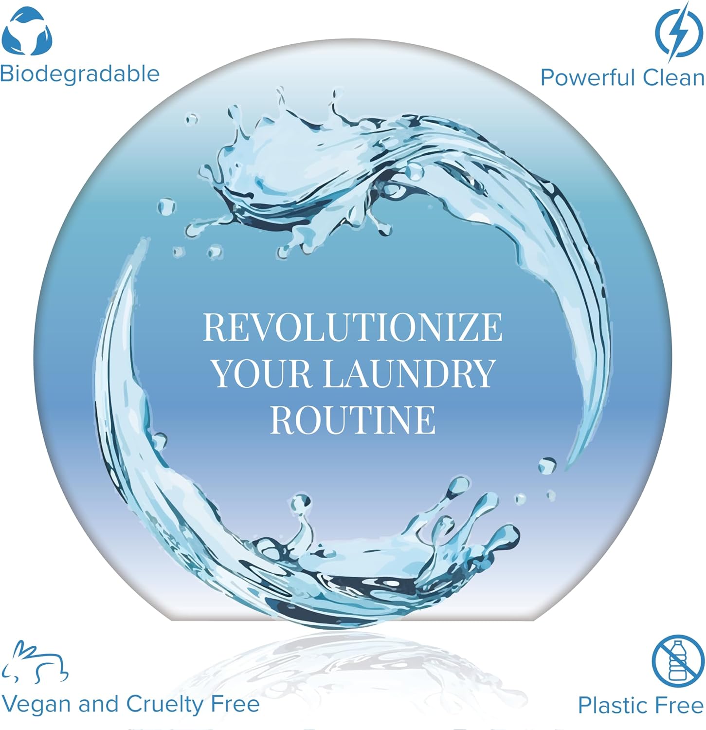 Laundry detergent sheet label graphic with blue water splash and deodorant routine text