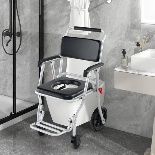 Shower commode wheelchair with black seat, padded backrest, and armrests, front view