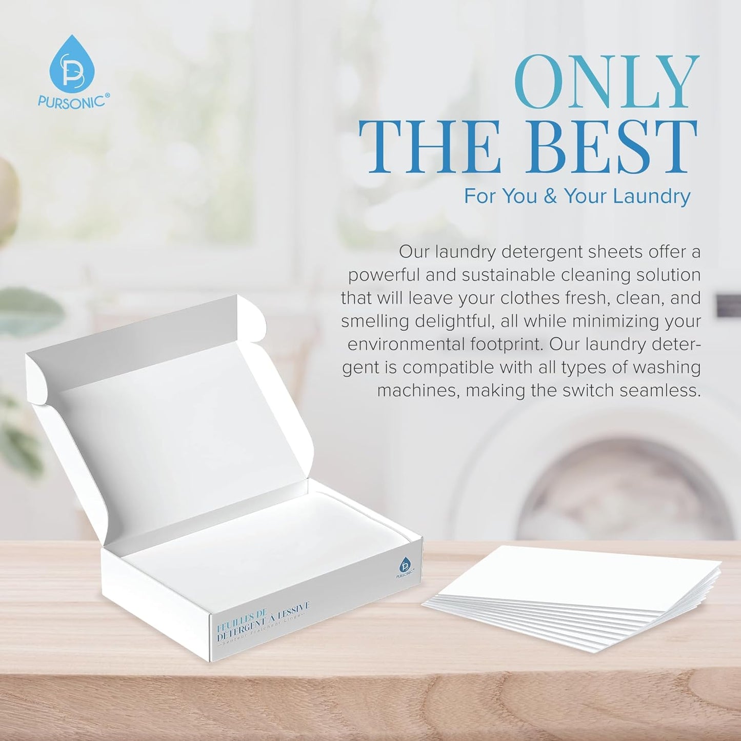Open cardboard box with stacked laundry detergent sheets on a tabletop