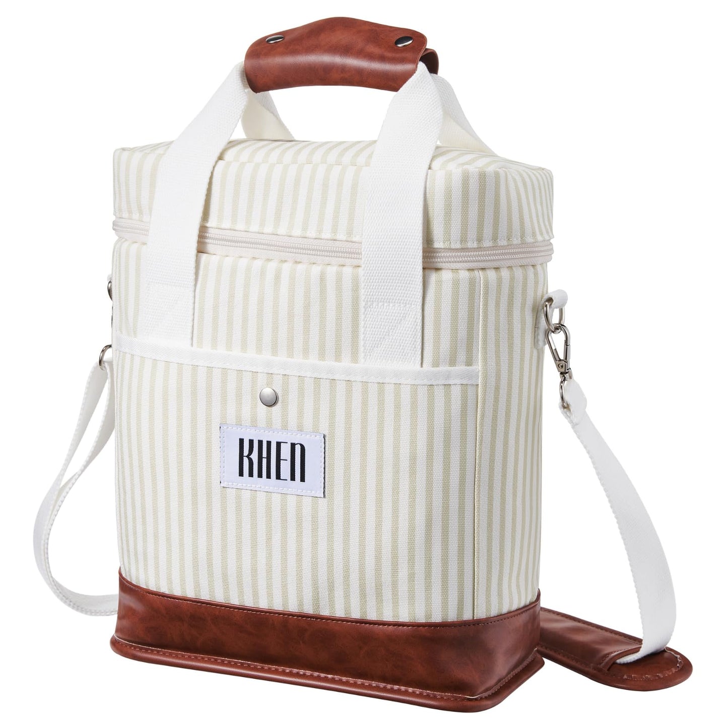 2-bottle wine tote cooler bag, cream striped fabric, brown leather handles, zip top