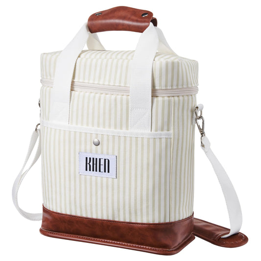 2-bottle wine tote cooler bag, cream striped fabric, brown leather handles, zip top
