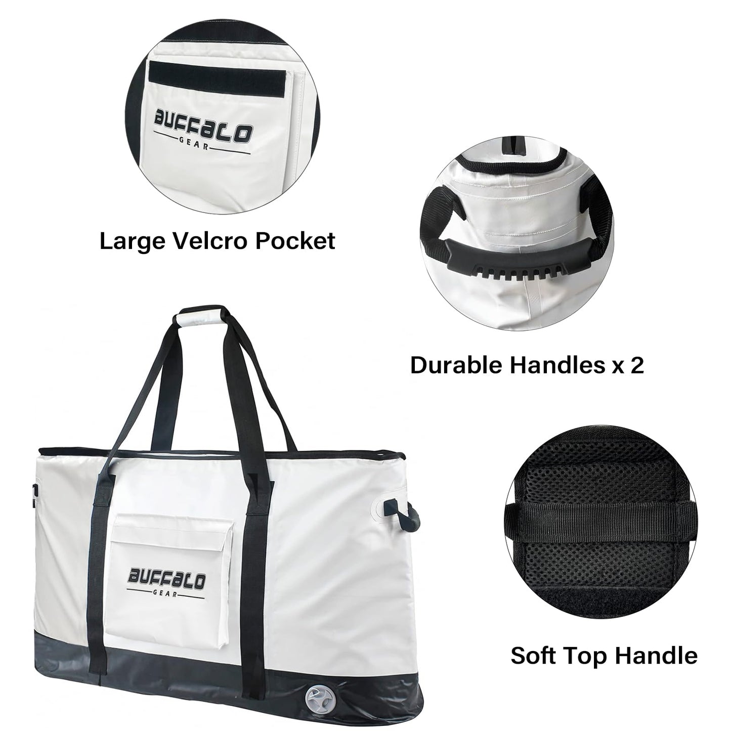 White cooler bag with large mesh pocket panel and black top handles