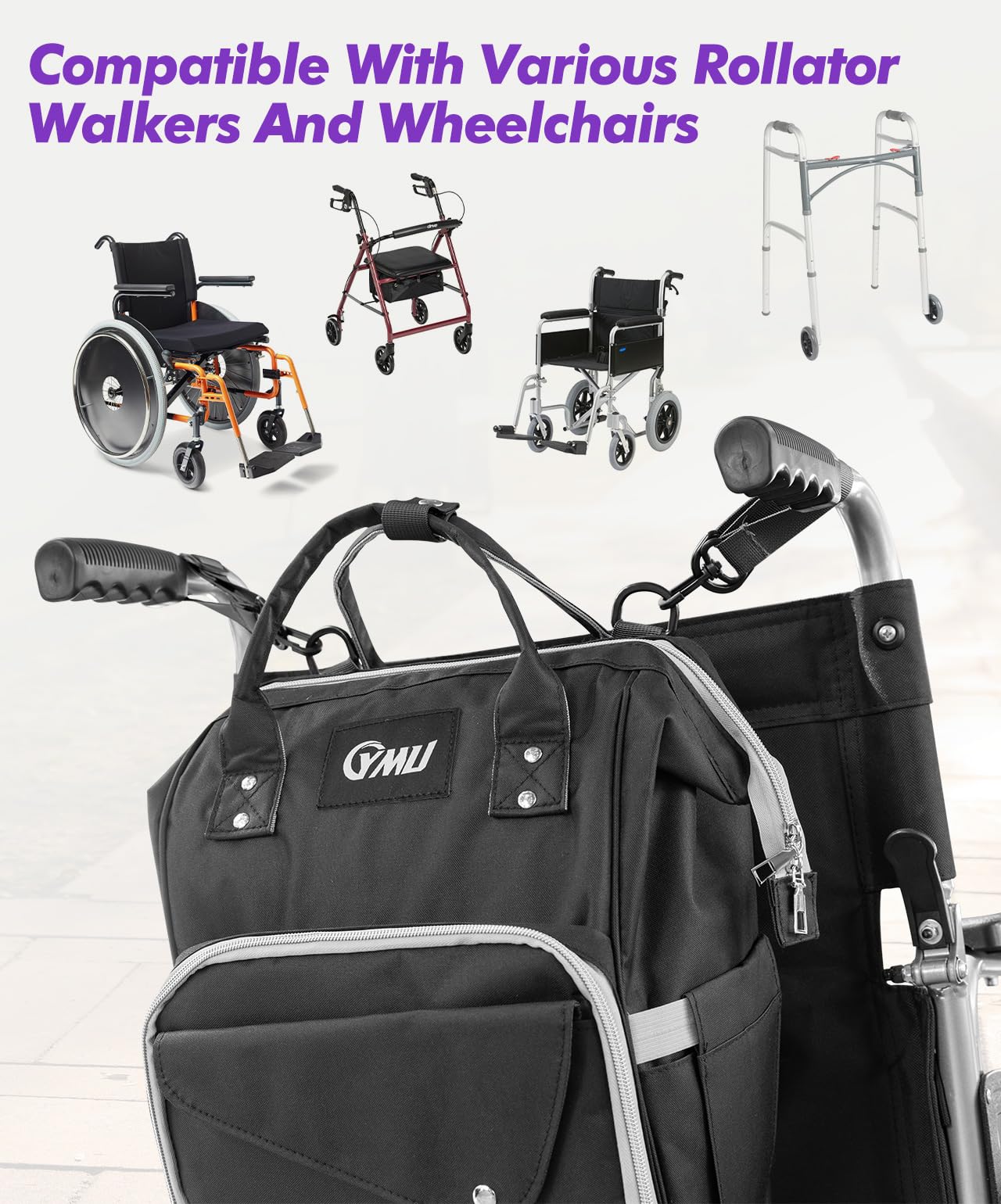 Black wheelchair backpack bag with wide front pocket and side mounting straps on chair