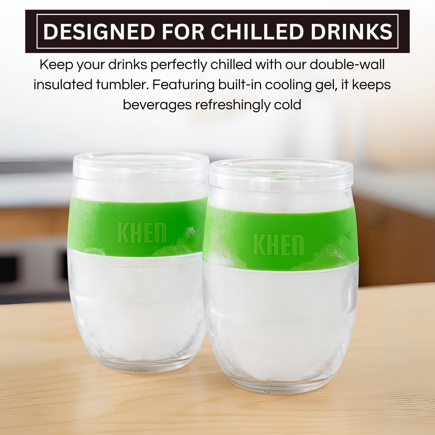Set of 2 stemless acrylic wine glasses with green cooling bands and double-wall look