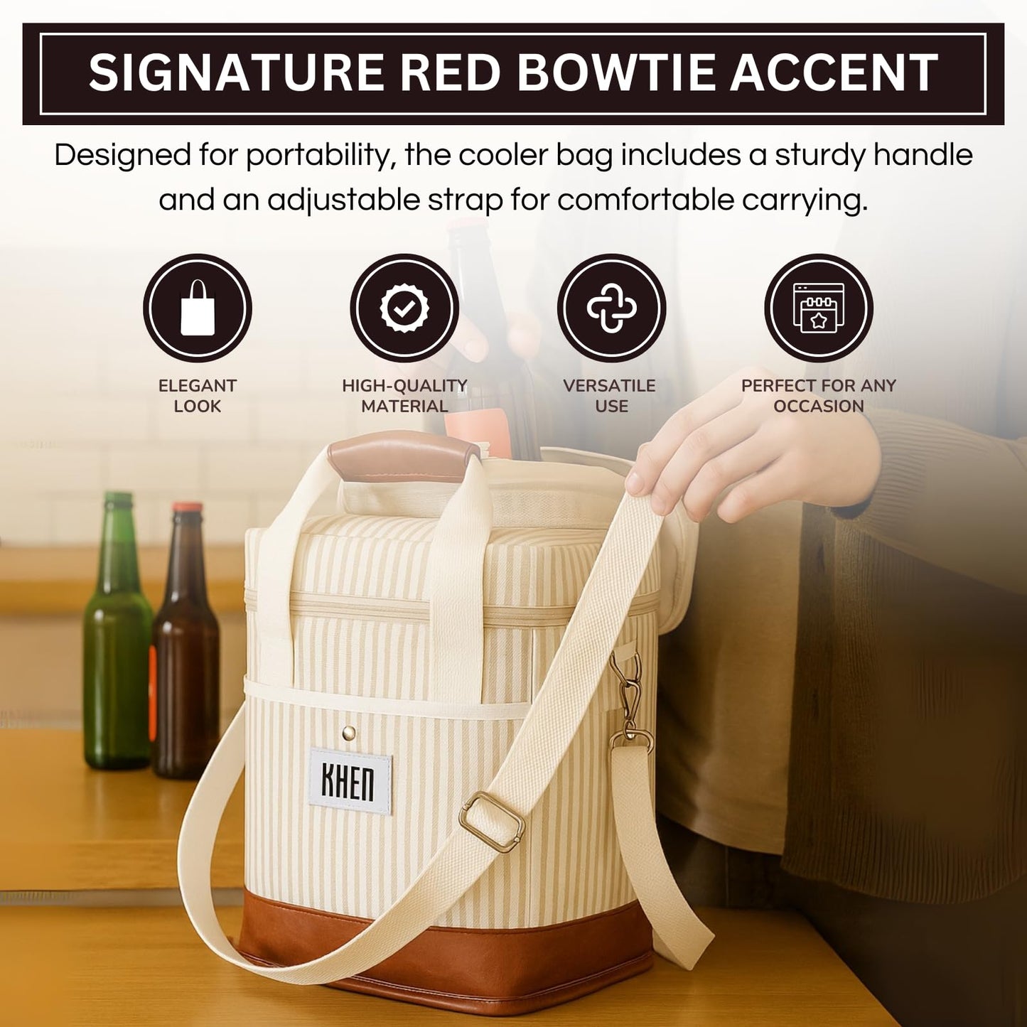 2-bottle wine tote cooler bag with long shoulder strap, cream striped fabric, brown leather base