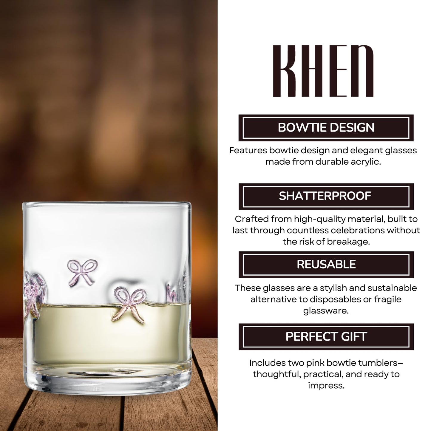 Clear acrylic tumbler with pink bowtie motif and pink side accents