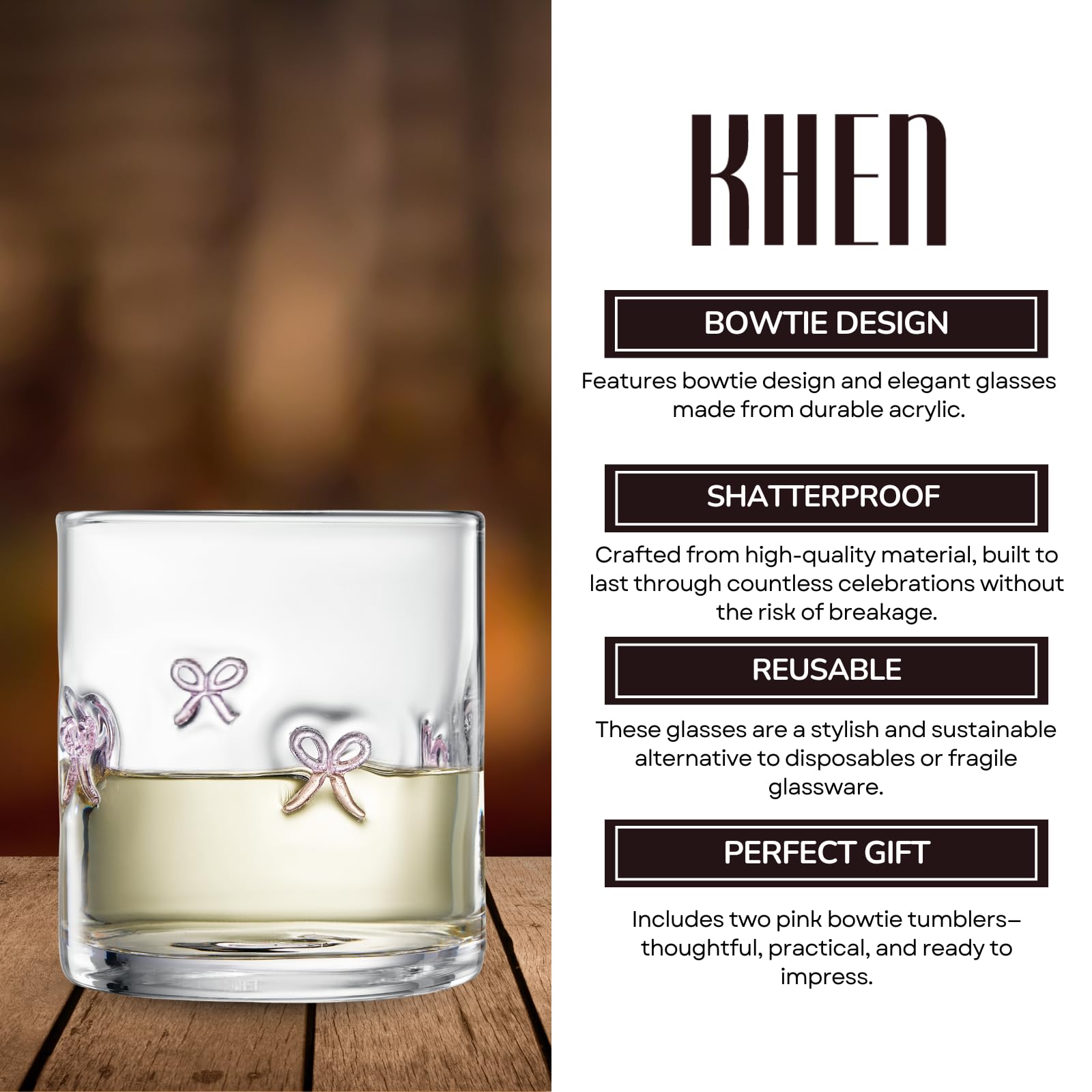 Clear acrylic tumbler with pink bowtie motif and pink side accents
