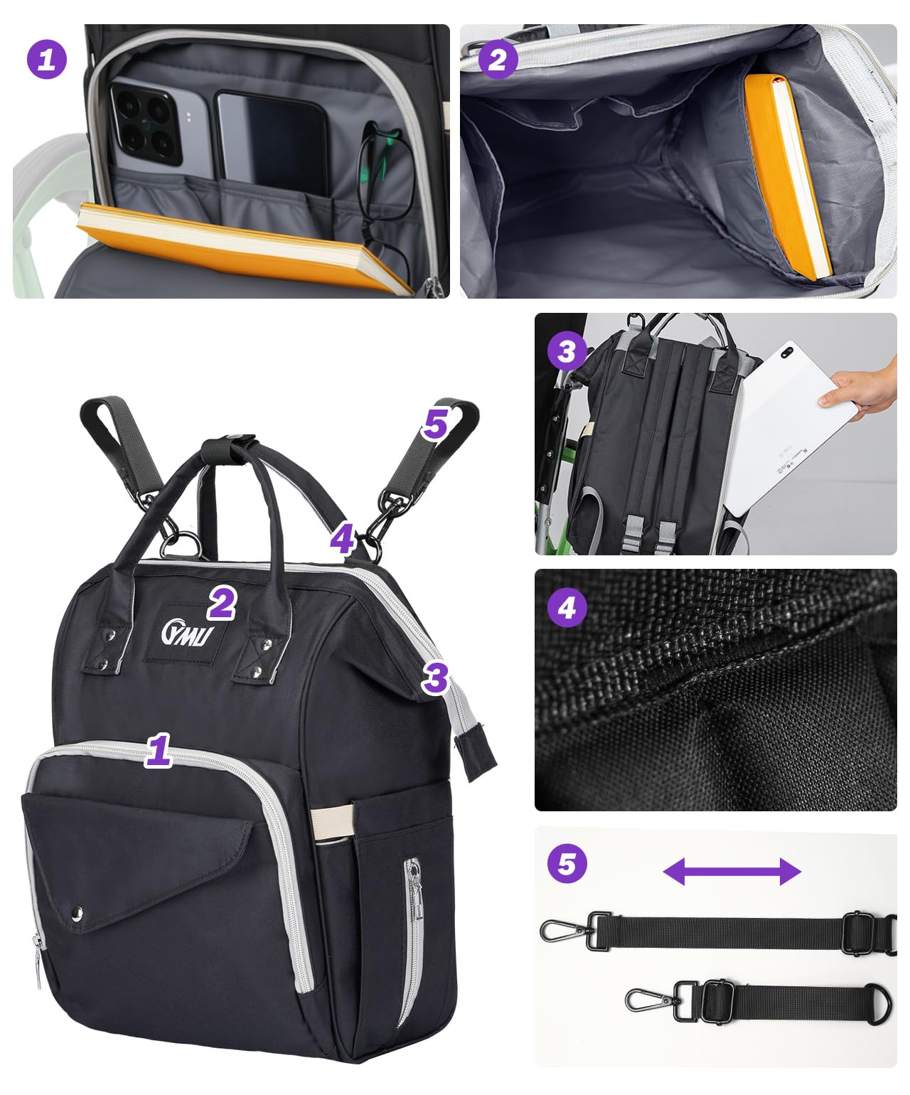 Black wheelchair backpack bag detail view: front panel, straps, and adjustable buckle hardware