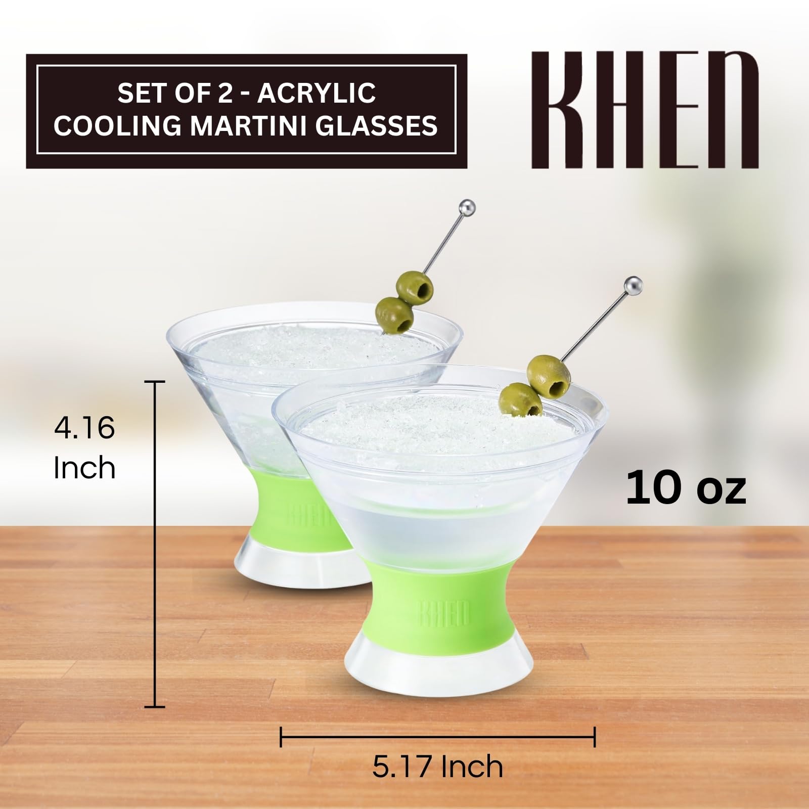 Set of 2 cooling martini glasses with lime frosted bases and olive picks