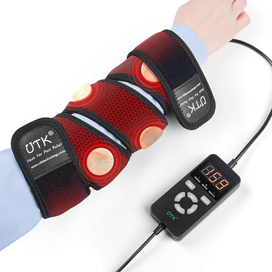 Far infrared heating pad wrap with red mesh panel and black straps, plus controller