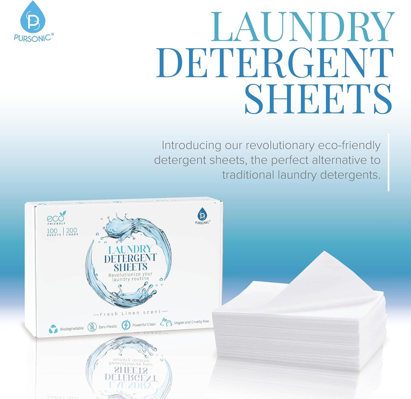 Laundry detergent sheet box front with Fresh Linen scent and stacked white sheets