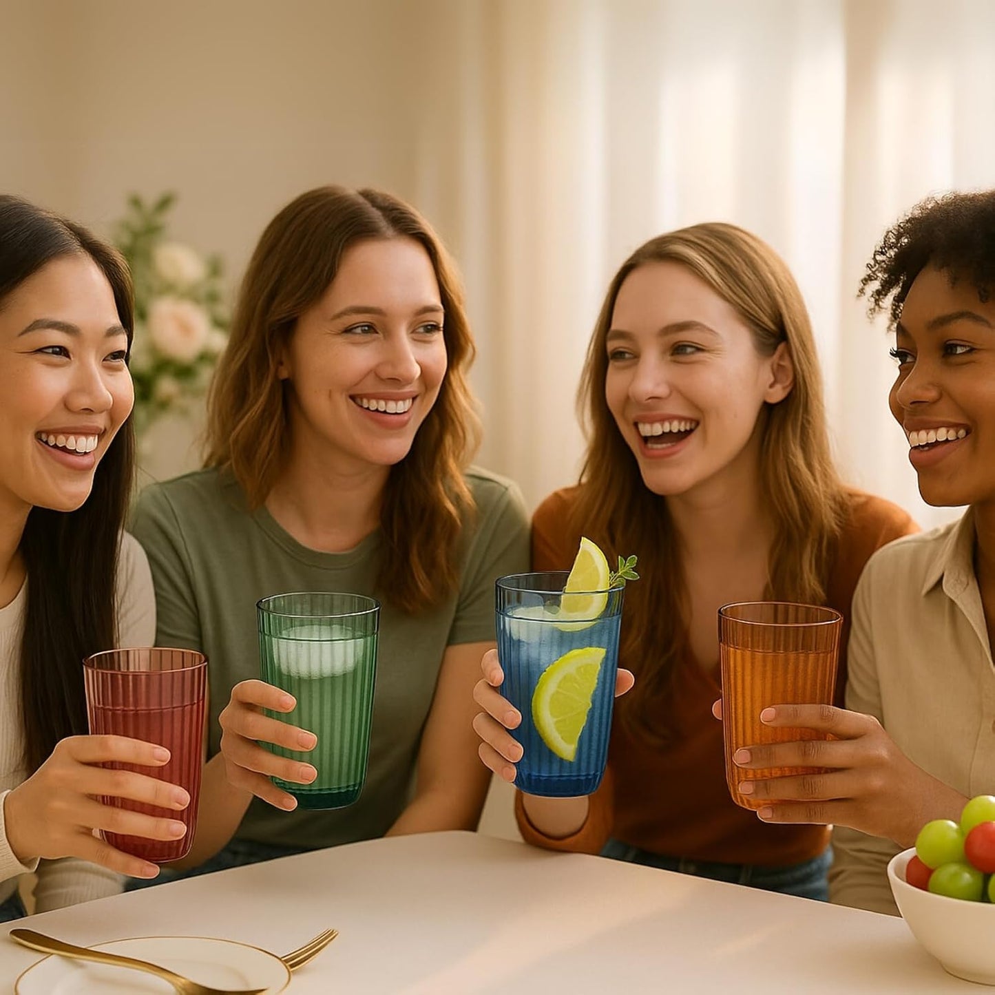 Four ribbed tumbler glasses in muted colors held together at a table
