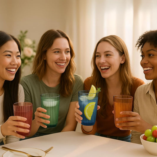 Four ribbed tumbler glasses in muted colors held together at a table