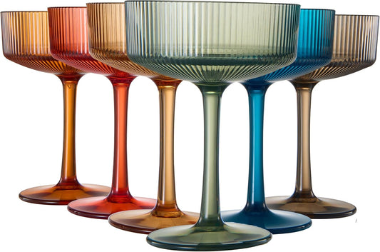 Set of 6 ribbed coupe glasses in amber, red, gold, green, and blue with stems