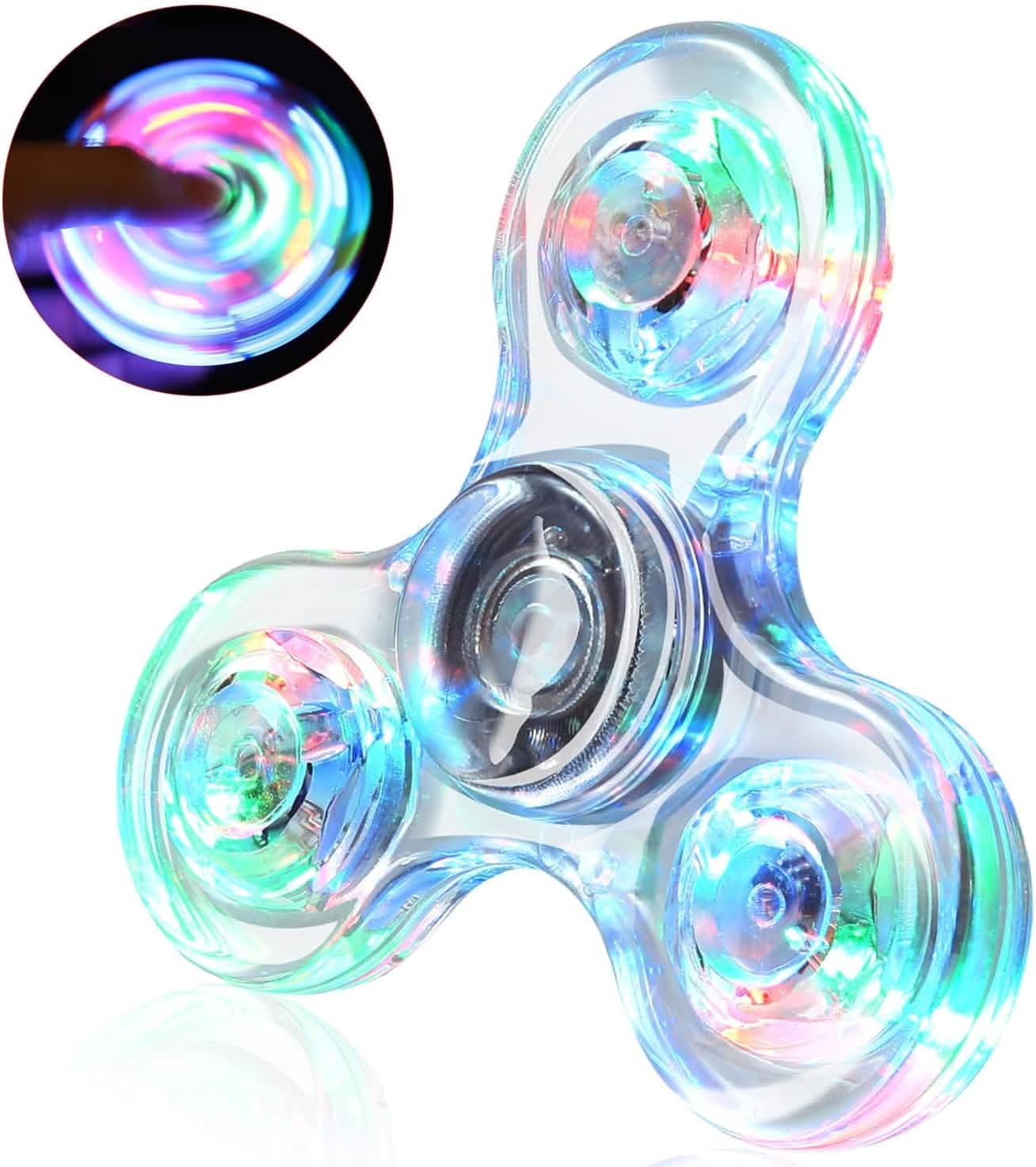 Light blue LED fidget spinner with three glowing LEDs and finger activating inset
