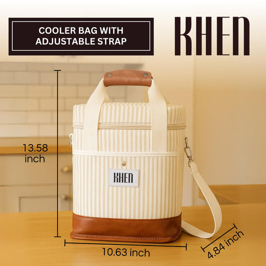2-bottle wine tote cooler bag with adjustable shoulder strap, cream striped fabric, brown trim