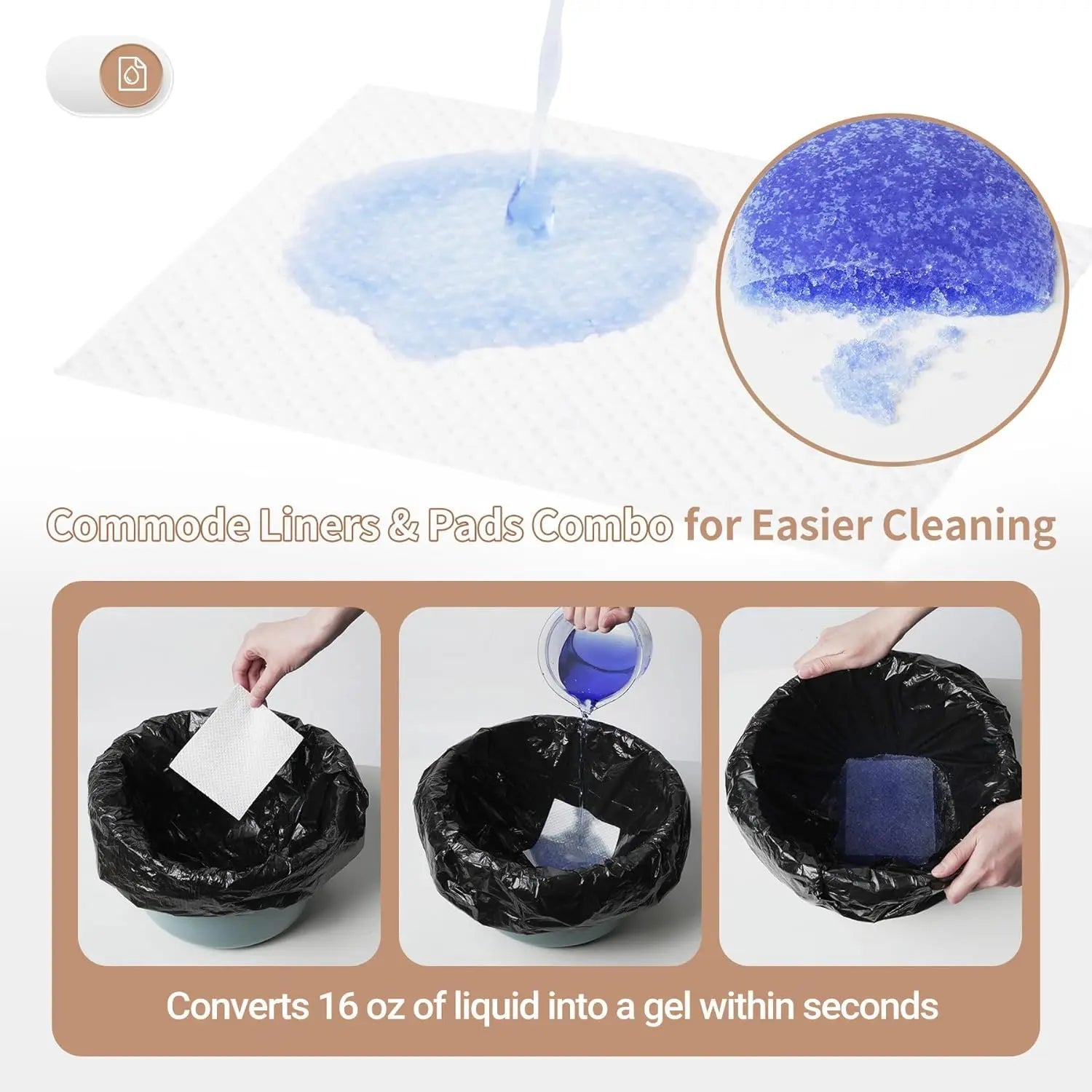 Commode liners and pads combo with blue gel pad for easier cleaning
