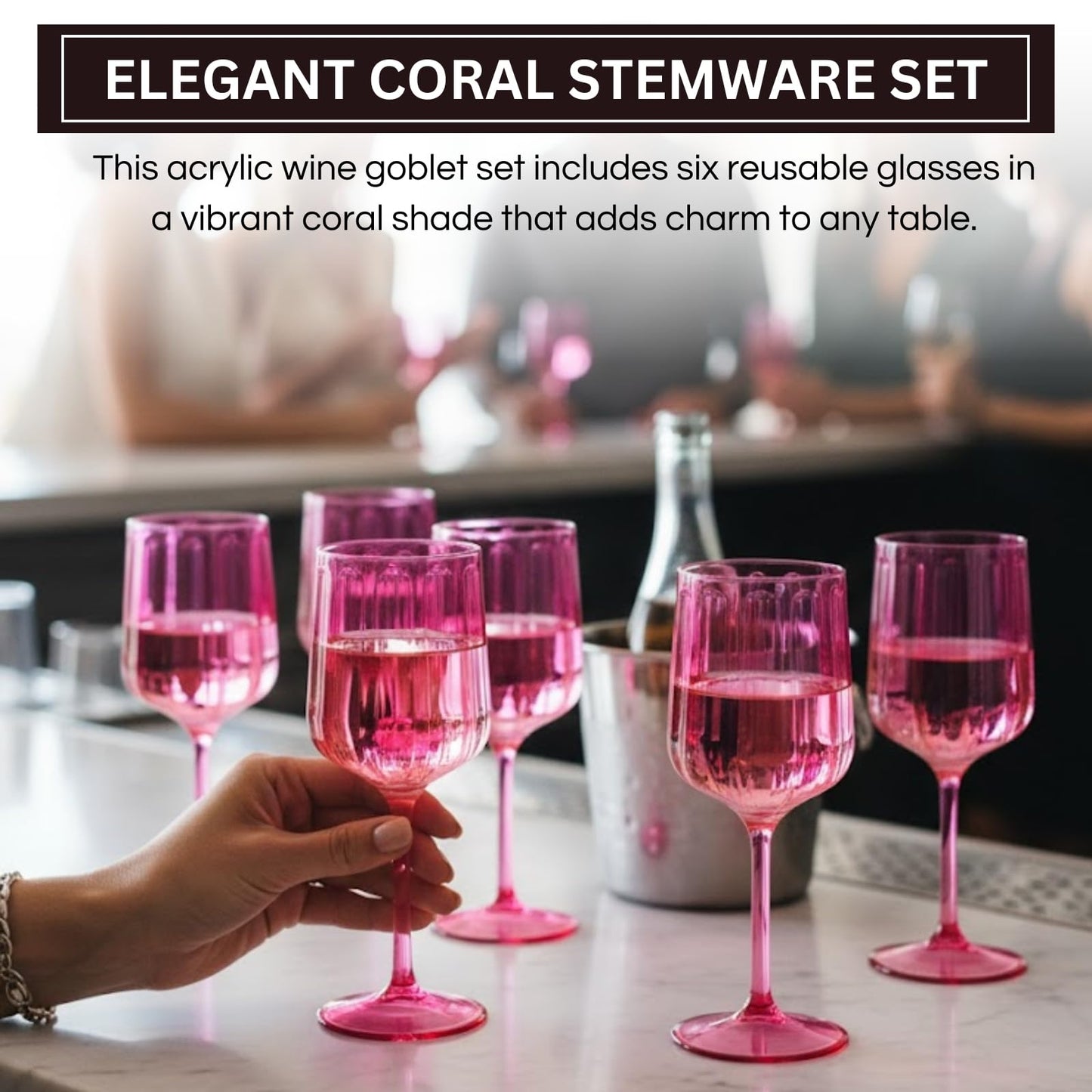 Stemmed coral-pink acrylic wine goblets, six cups with ribbed sides