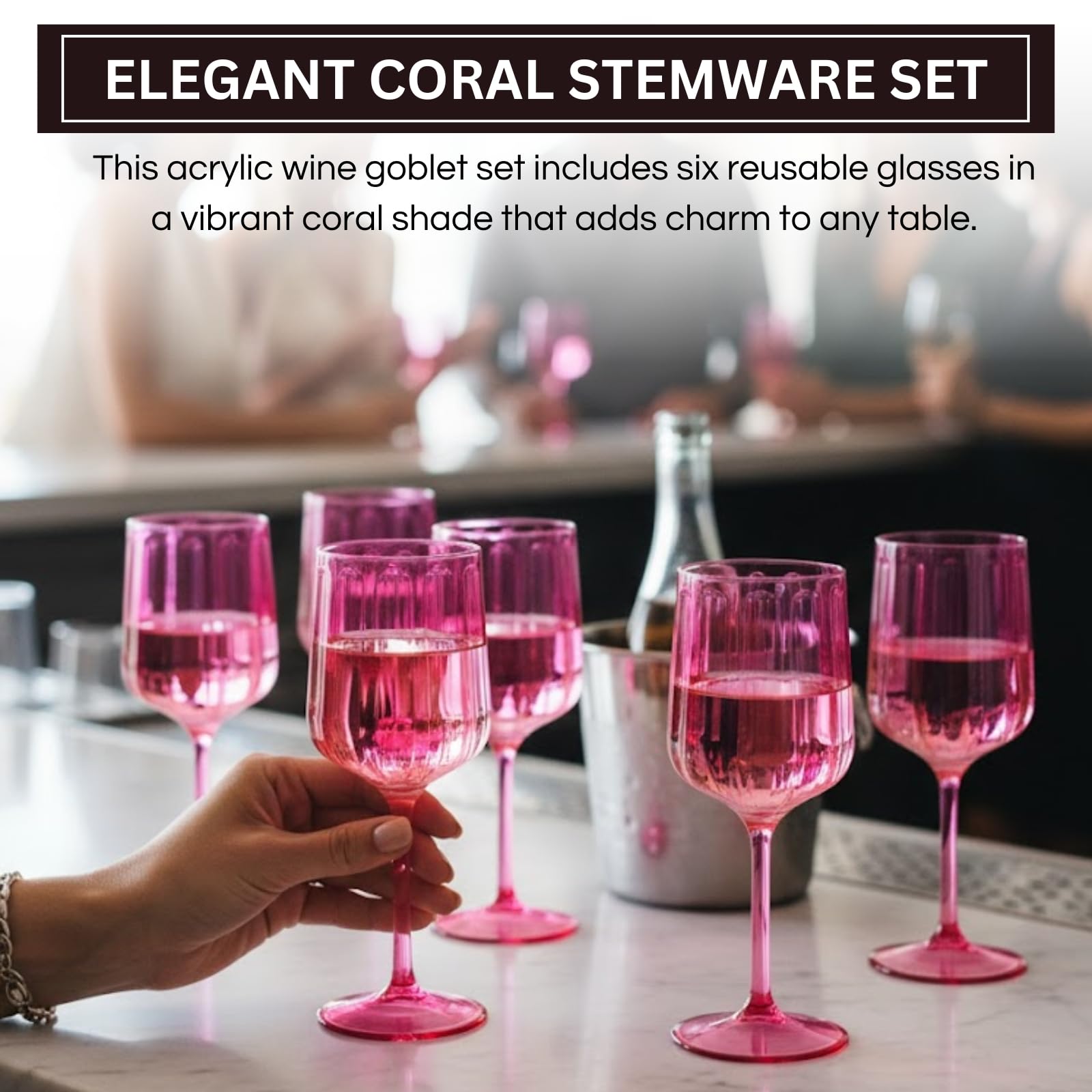 Stemmed coral-pink acrylic wine goblets, six cups with ribbed sides