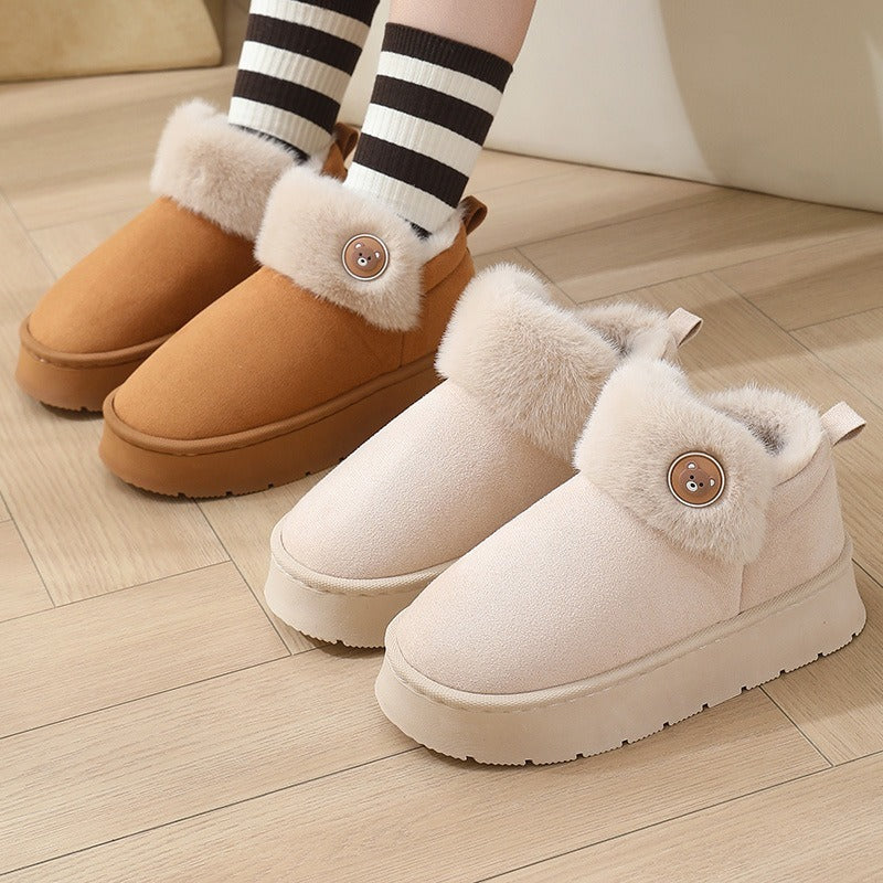 Beige ankle wrap cotton slippers with faux-fur cuff and brown button detail