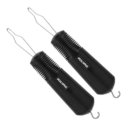 Two black button hooks with coiled springs and wire loops