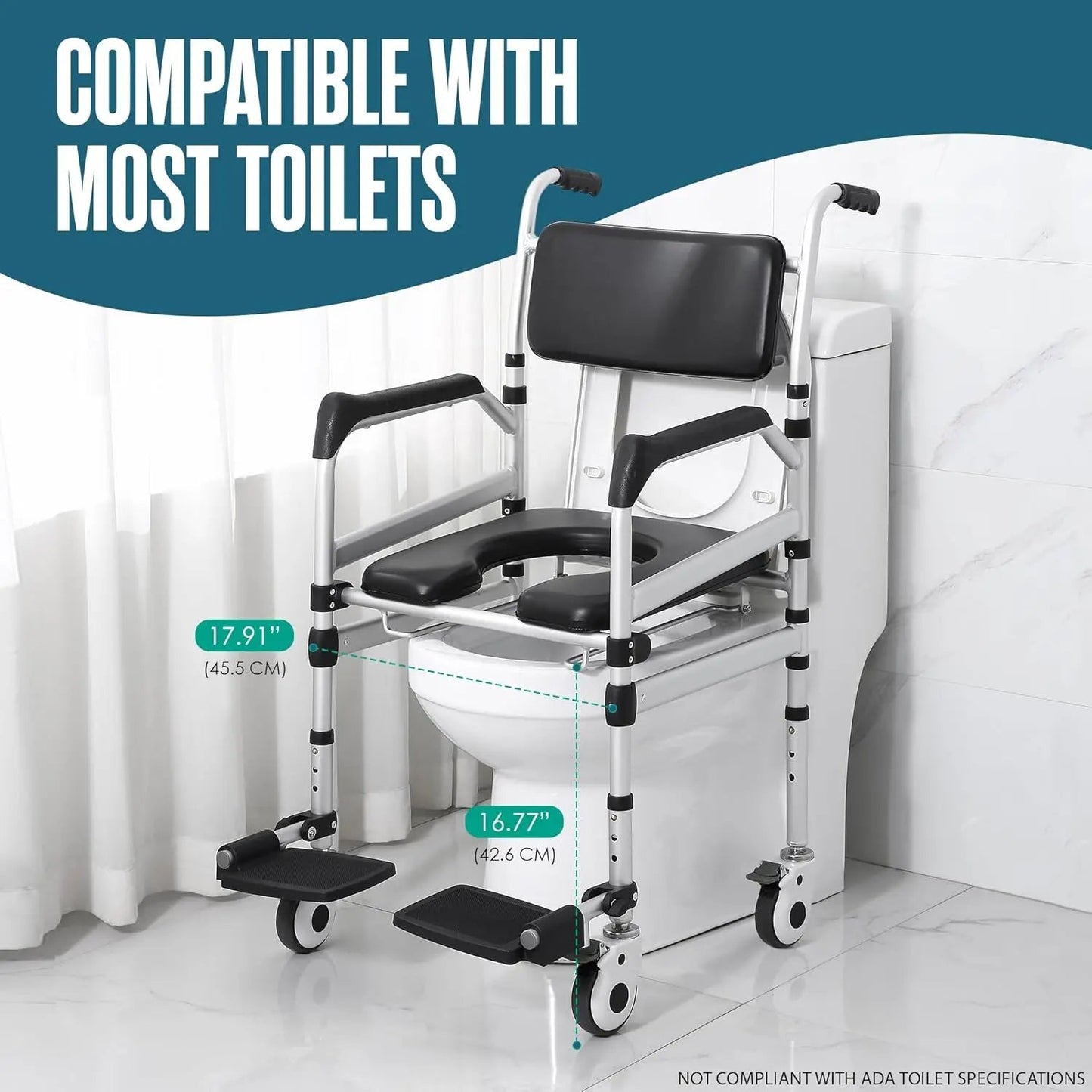 Over-toilet commode wheelchair with black padded seat, backrest, and swing-away armrests