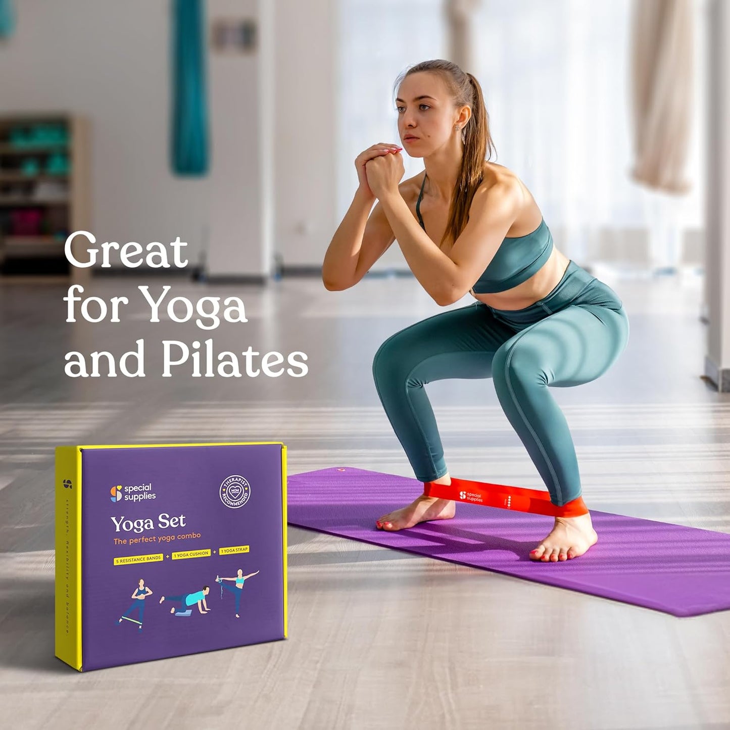 Yoga set packaging and purple exercise mat, shown with a person practicing kneeling poses