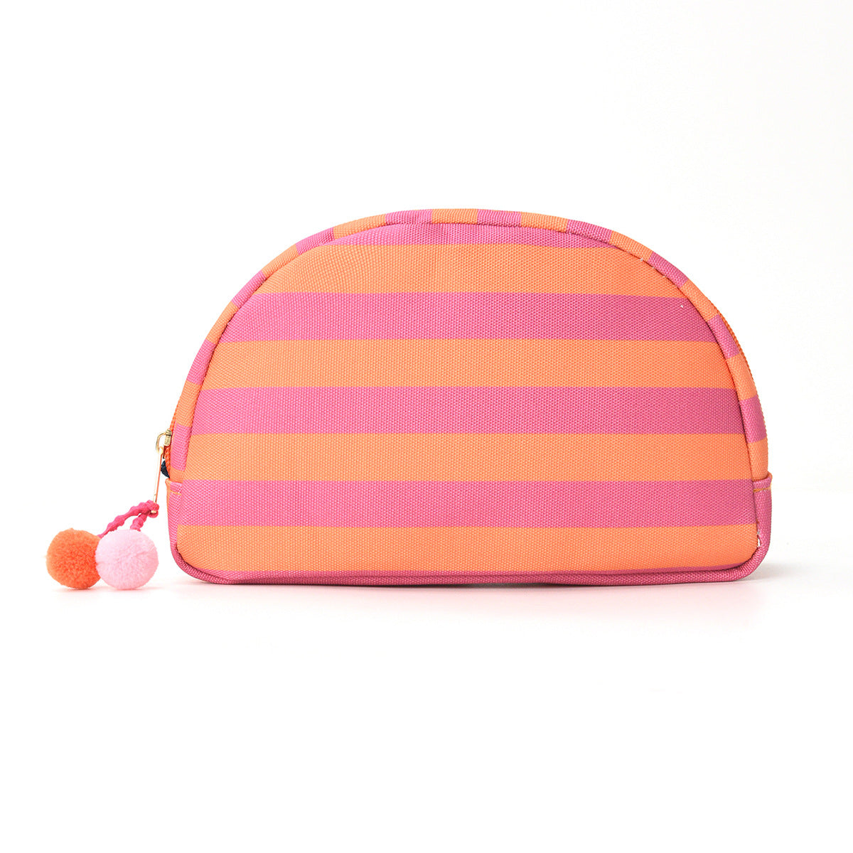 Striped shell-shaped makeup bag in orange and pink with zipper and pom-pom charm