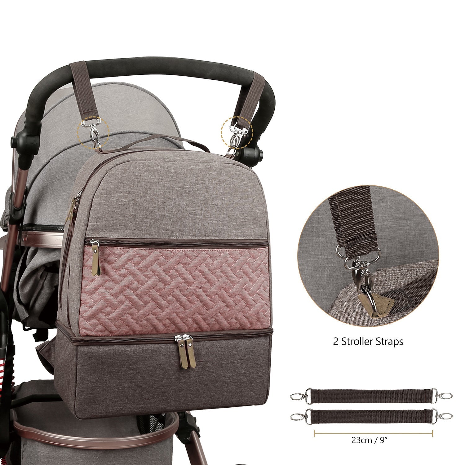 Gray insulated travel mummy bag with pink quilted front panel and stroller attachment straps