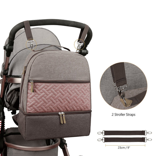 Gray insulated travel mummy bag with pink quilted front panel and stroller attachment straps