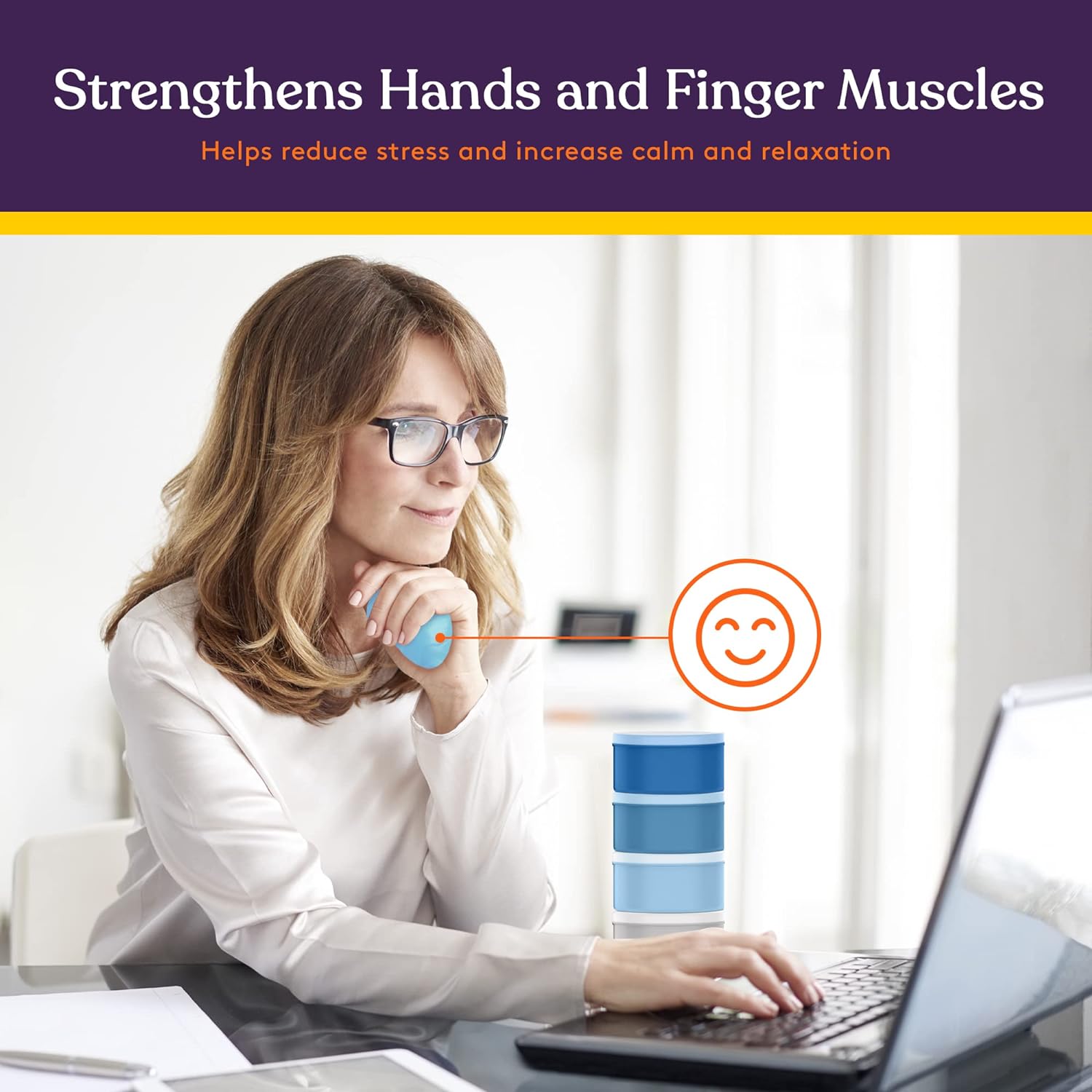 Blue therapy putty held near the chin during a calming hand exercise