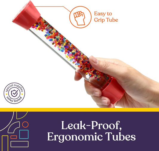 Red liquid motion tube with multicolor beads, held in a hand