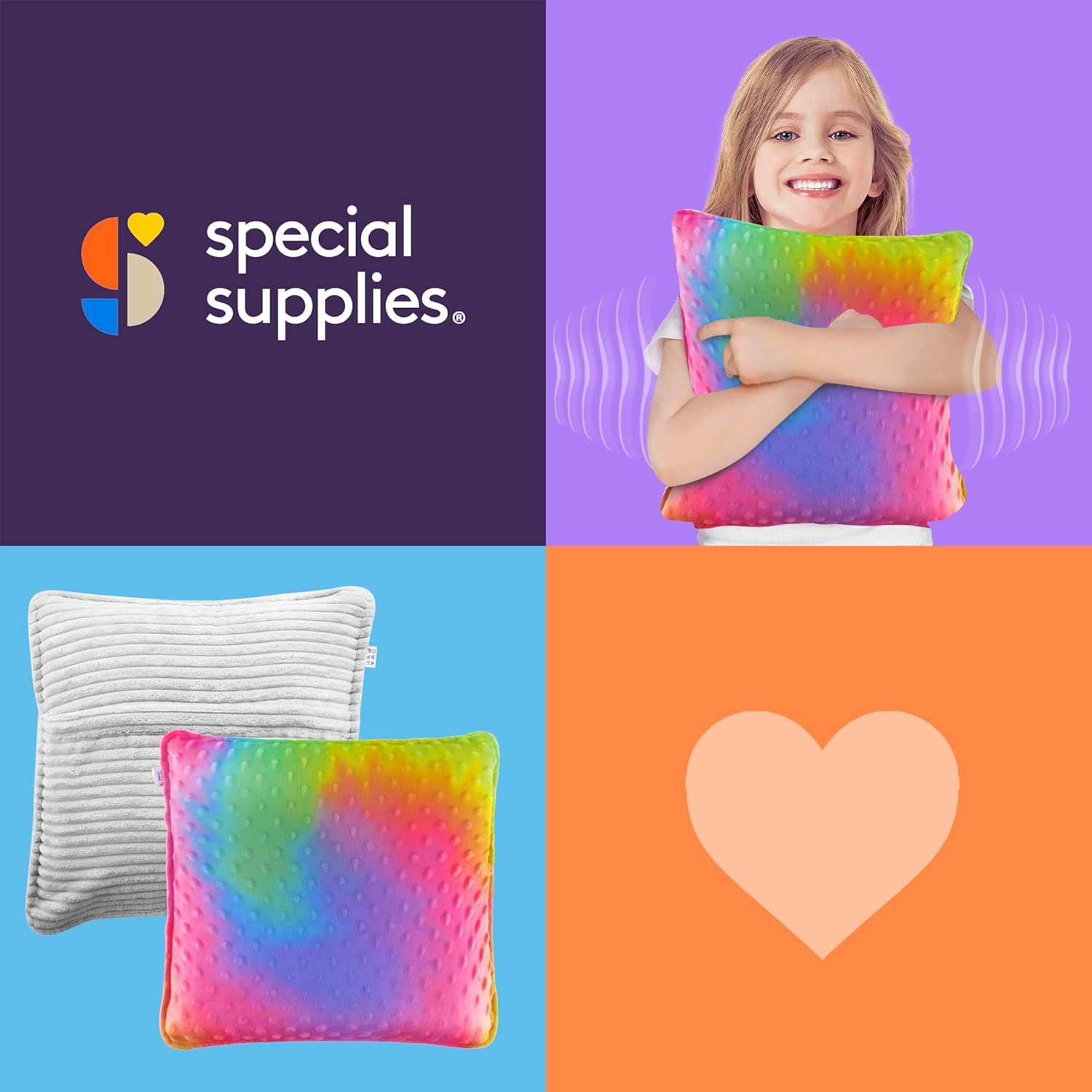 Rainbow gradient plush sensory pillow held by a child, dotted textured surface