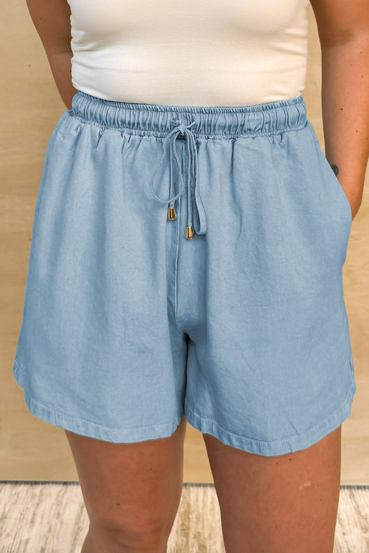 Washed chambray shorts with elastic waistband and drawstring, blue