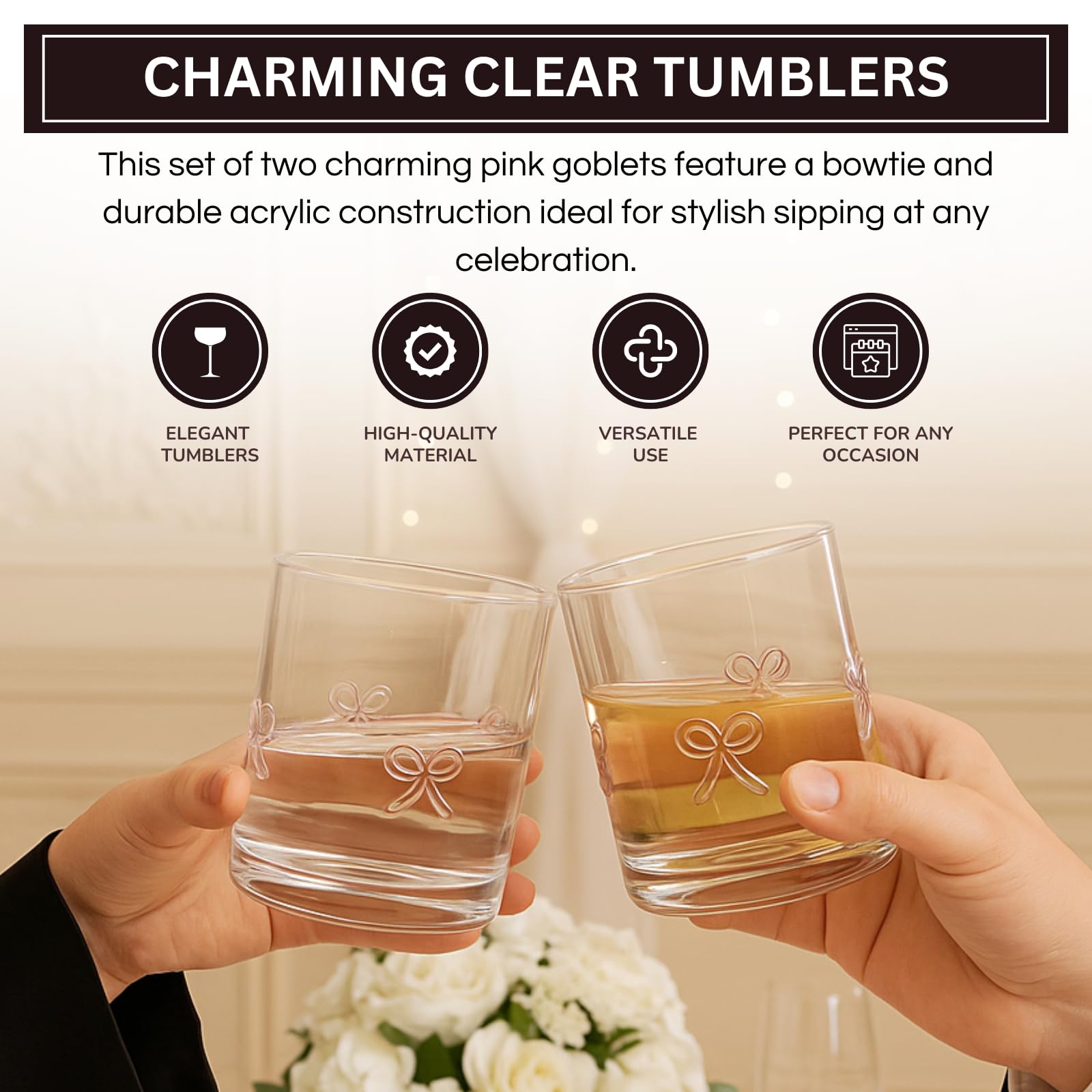 Pair of clear acrylic tumblers with pink bowtie motifs held in hands