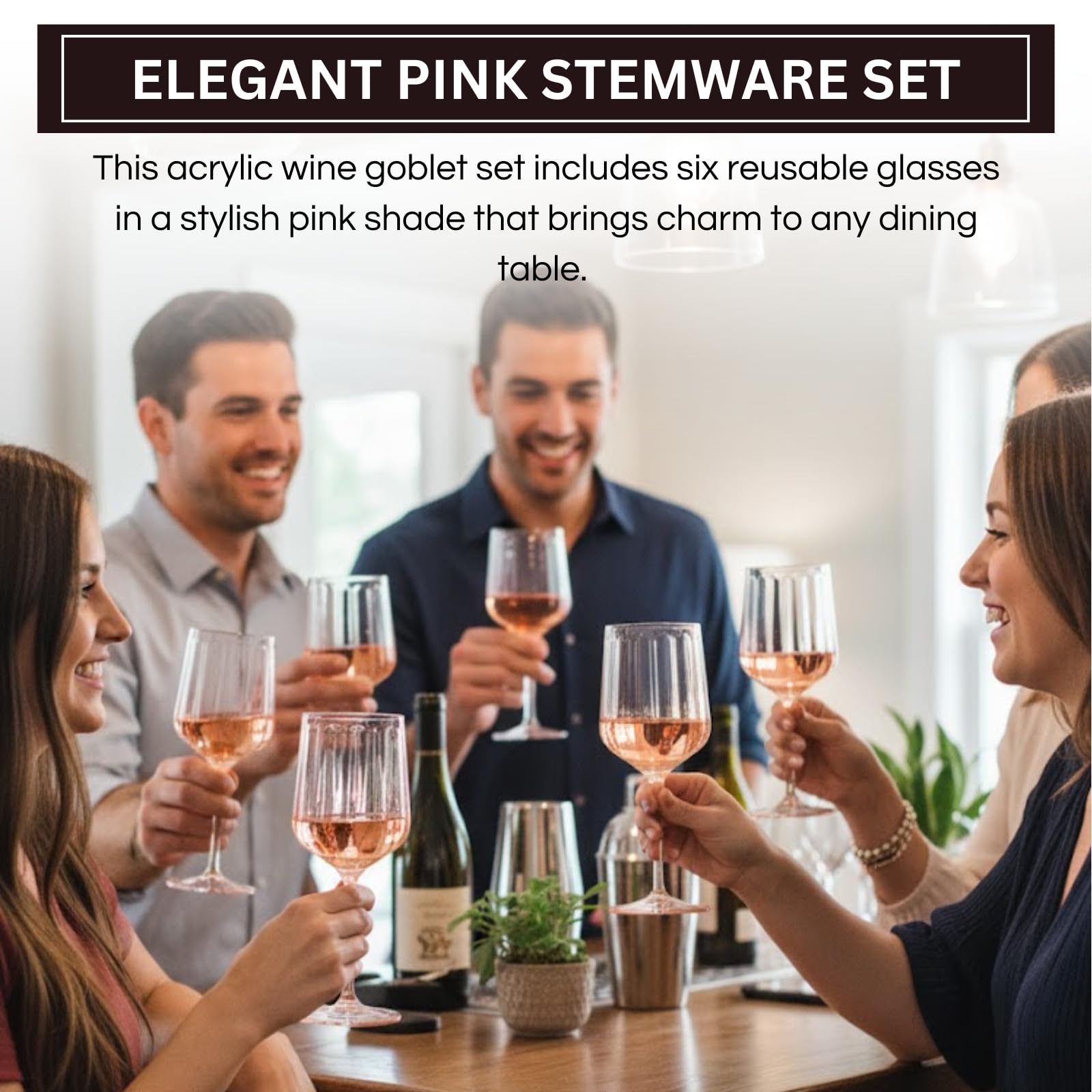 Set of 6 pink acrylic stemmed goblets with ribbed cups for wine and cocktails