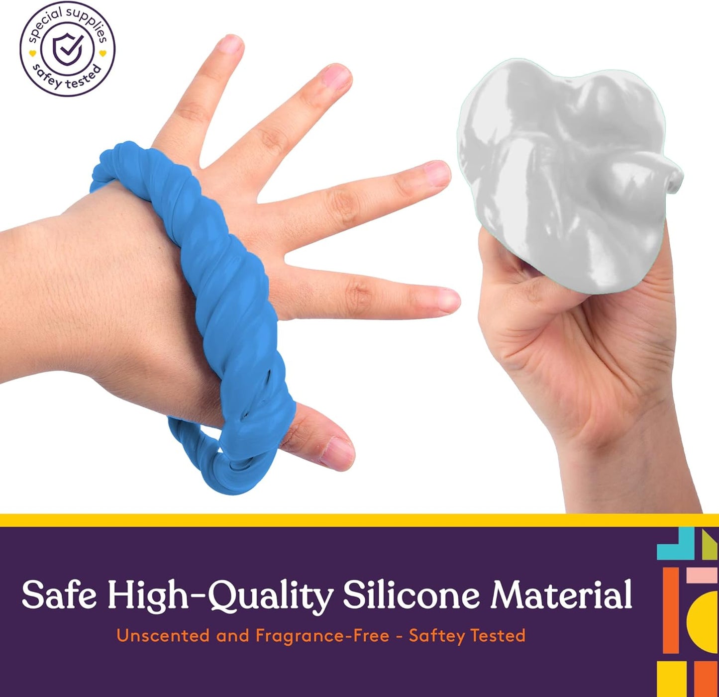 Therapy putty molds in gloved hands, blue and gray, for sensory play