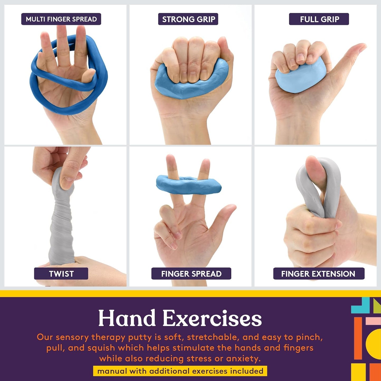 Blue therapy putty in hand grips for multi finger spread, twist, and extension