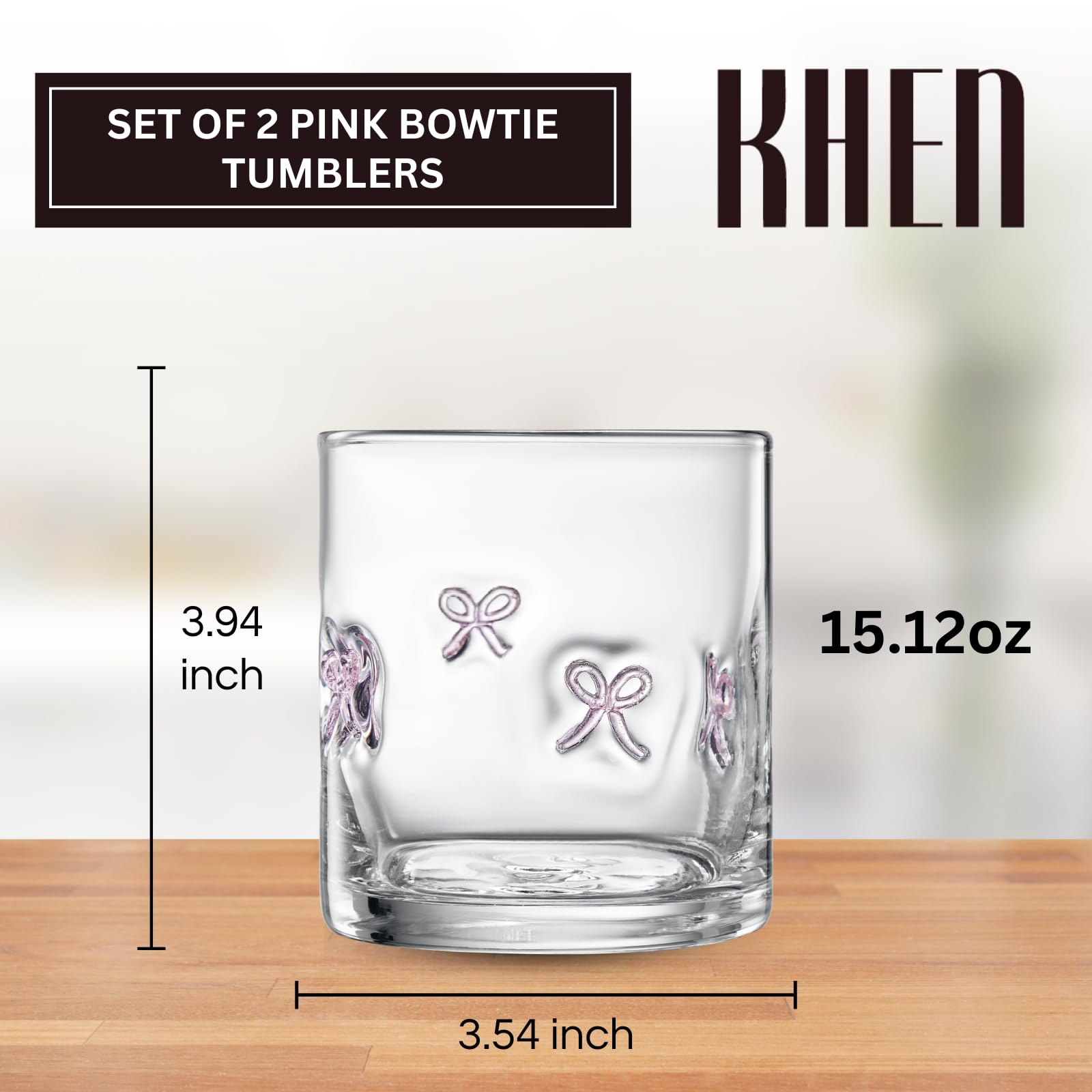 Clear acrylic tumbler with pink bowtie motif, 15.12 oz, 3.54 in wide