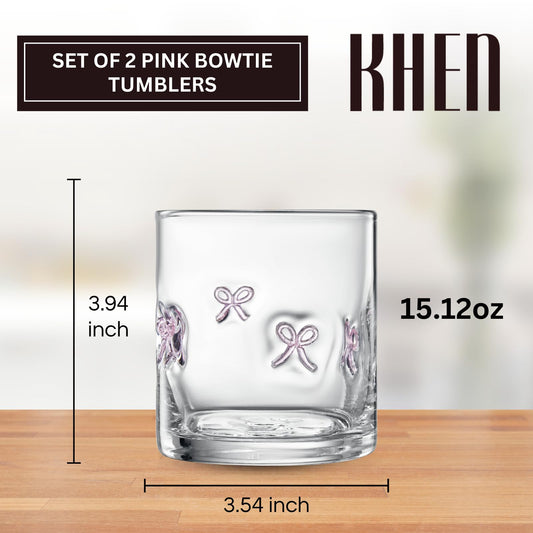 Clear acrylic tumbler with pink bowtie motif, 15.12 oz, 3.54 in wide