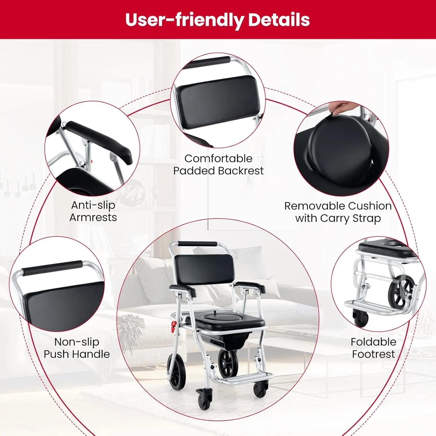 Shower commode wheelchair features: padded backrest, armrests, removable seat cushion and footrest