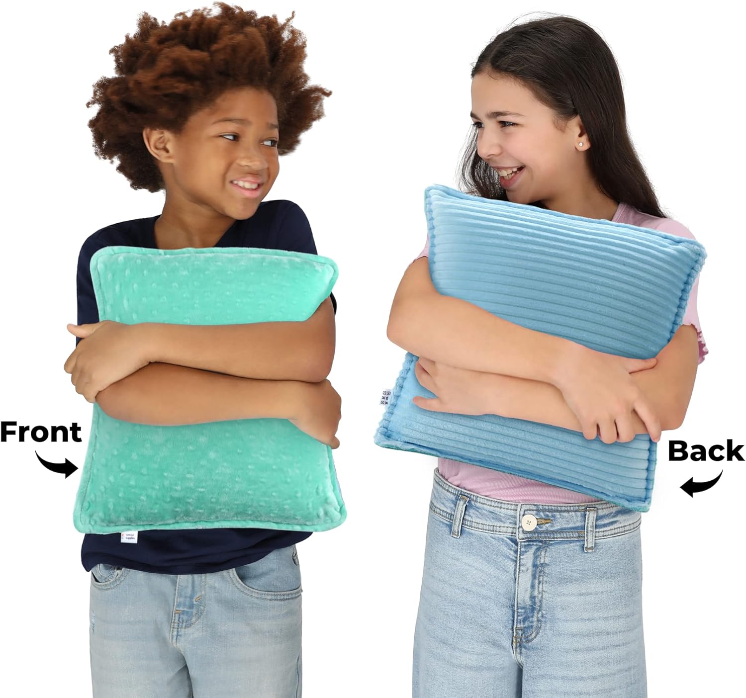 Sensory vibrating pillow with teal dot side and blue striped side, shown front and back