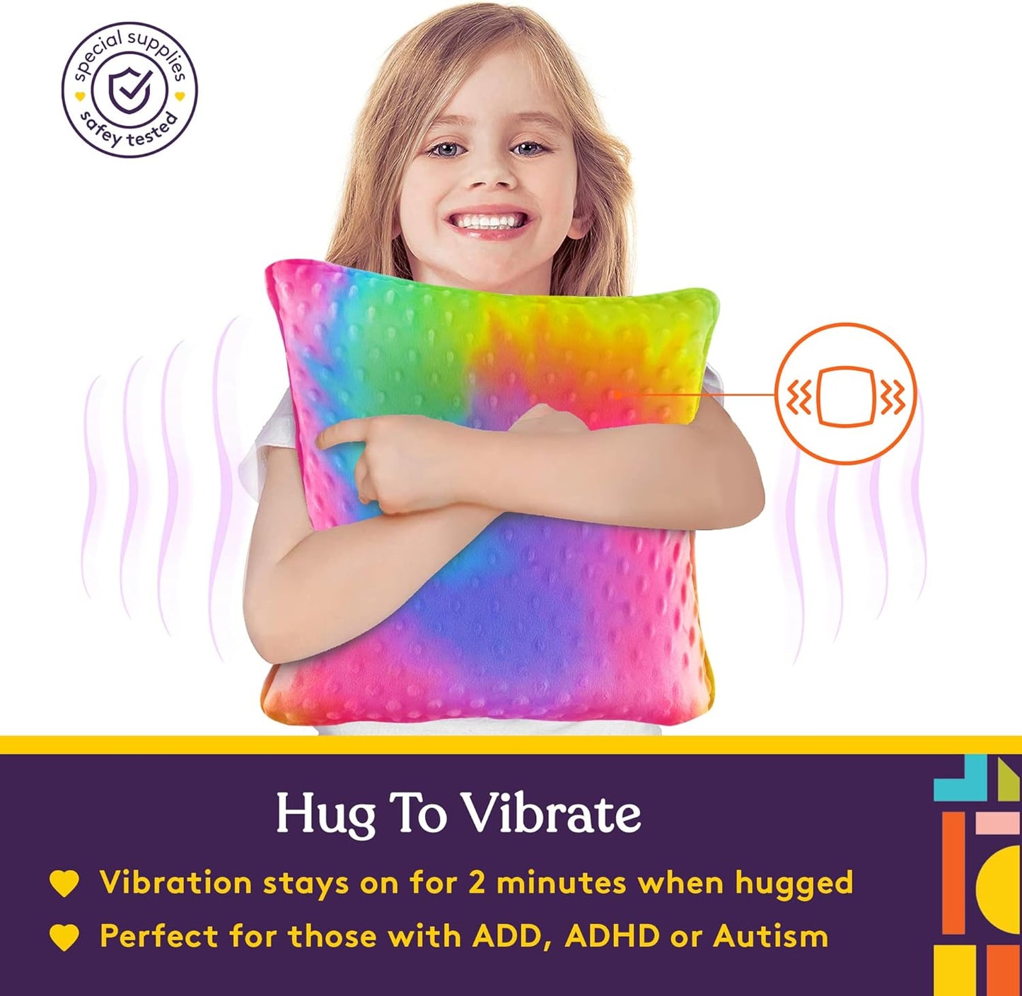 Rainbow gradient plush square pillow with dotted texture, hugged for vibration