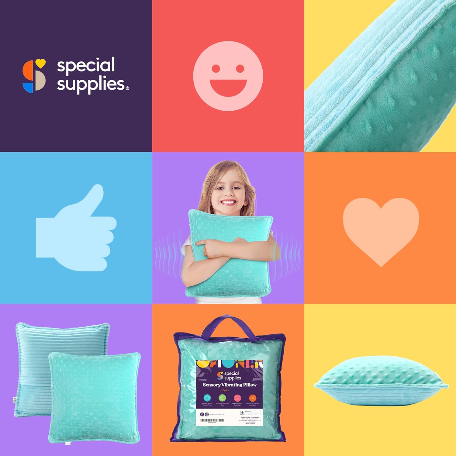 Teal sensory vibrating pillow with dot texture shown in multiple angles and packaging