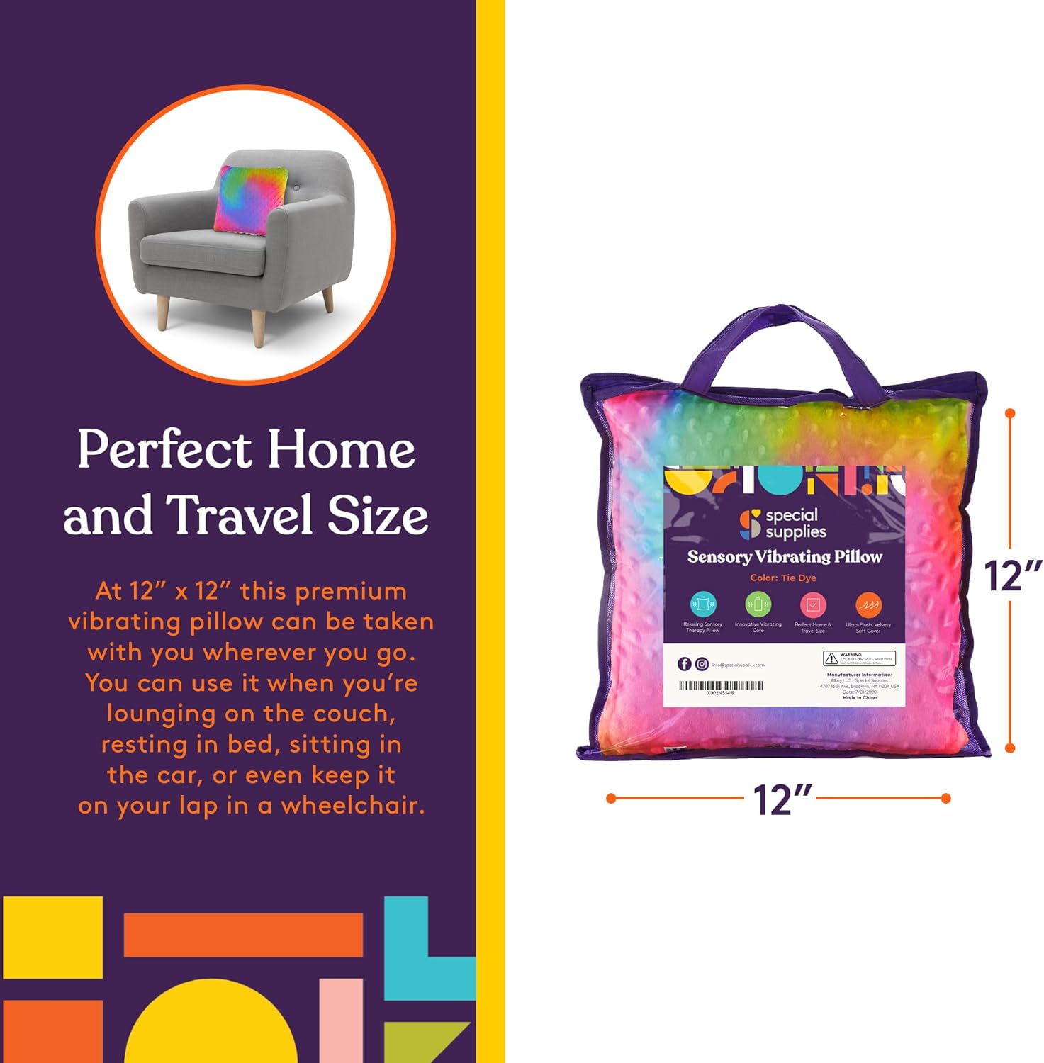 Rainbow gradient sensory vibrating pillow inside zip carry bag, square 12 in