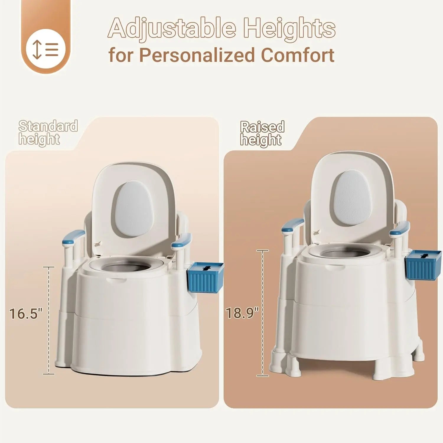 White bedside commode chair showing adjustable height legs: standard and raised